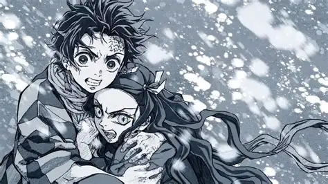 Extrait du manga Demon Slayer, scène de combat en noir et blanc de Tanjiro Kamado et Nezuko.