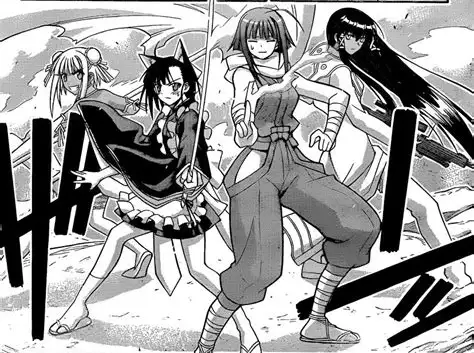 Extrait du manga Negima, scène de combat en noir et blanc avec Setsuna, Kaede, Kû-fei et Mana.