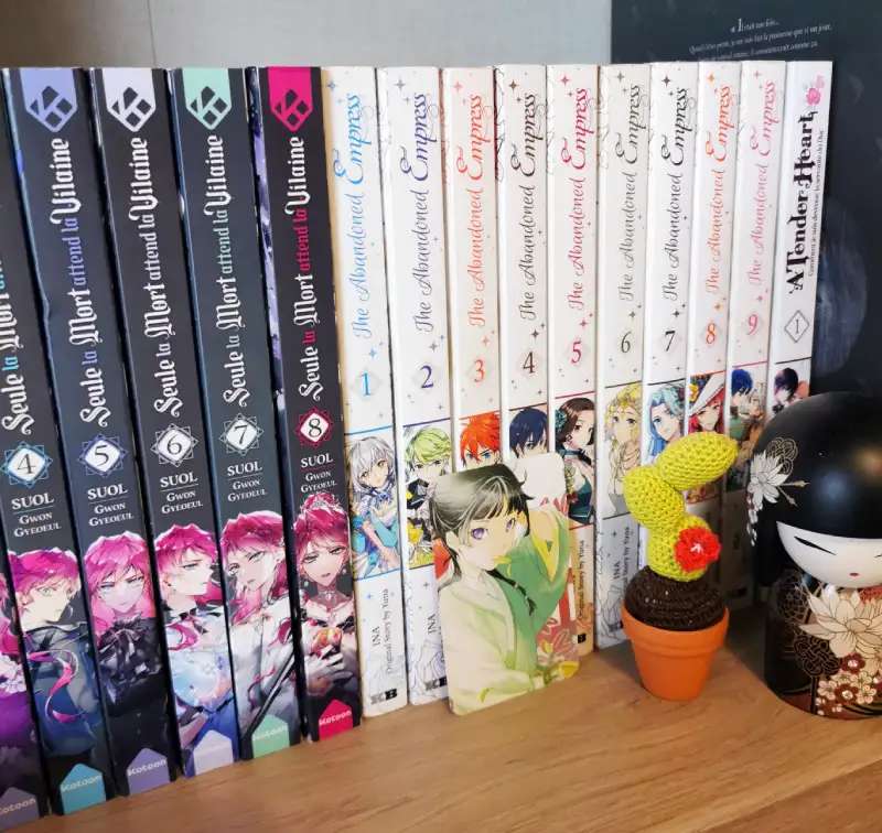 Plusieurs tomes de manhwa côte à côte, illustrant la différence de format et de couverture