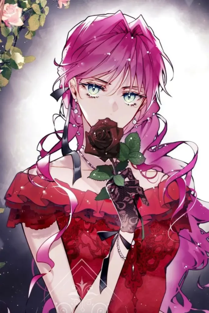Illustration de Pénélope Eckhart tenant une rose. Tirée du manhwa Seule la mort attend la vilaine aux éditions Kotoon.