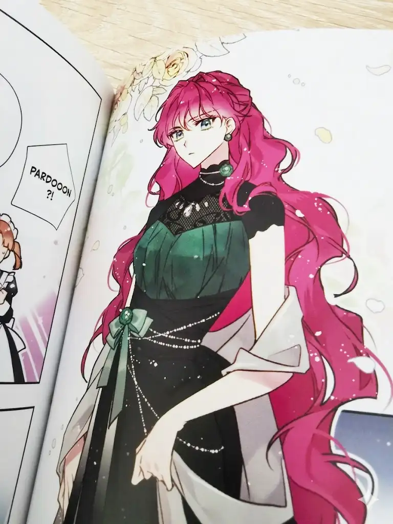 Illustration de Pénélope Eckharts en robe de bal, tirée du tome 1 du manhwa Seule la mort attend la vilaine aux éditions Kotoon.