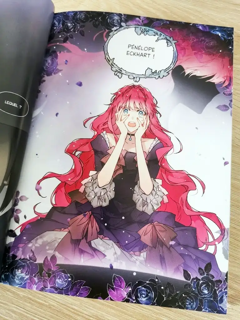 Illustration de Pénélope Eckharts effrayée tirée du tome 1 du manhwa Seule la mort attend la vilaine aux éditions Kotoon.