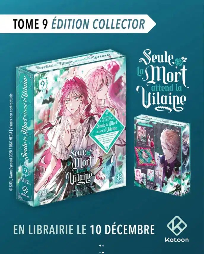 Édition collector du tome 9 de Seule la mort attend la vilaine aux éditions Kotoon avec ses goodies : carré en tissu, ex-libris, stickers, double standee