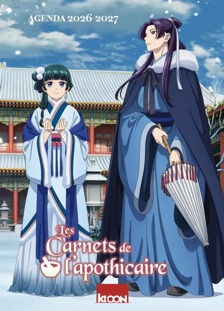 Couverture de l'agenda officiel Les Carnets de l'Apothicaire 2026-2027 édité par Ki-oon. Illustration de Maomao et Jinshi en tenues traditionnelles.