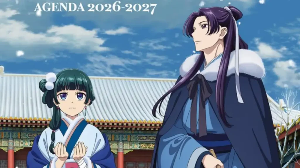 Couverture de l'agenda officiel Les Carnets de l'Apothicaire 2026-2027 édité par Ki-oon. Illustration de Maomao et Jinshi en tenues traditionnelles.