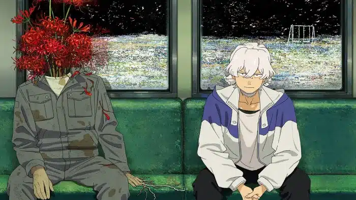 Extrait de la bande annonce officielle Netflix de l'adaptation anime du manga Fool Night. Prévu pour 2026. Illustration de Toshiro Kamiya dans un train à côté d'une personne ayant subit une transfloraison