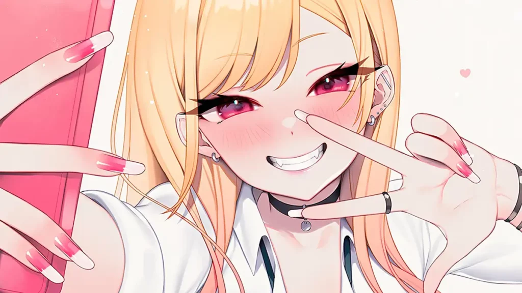 Illustration officielle de Marin Kitagawa de l'anime My Dress-Up Darling saison 1, faisant un signe V de la main en posant pour un selfie.