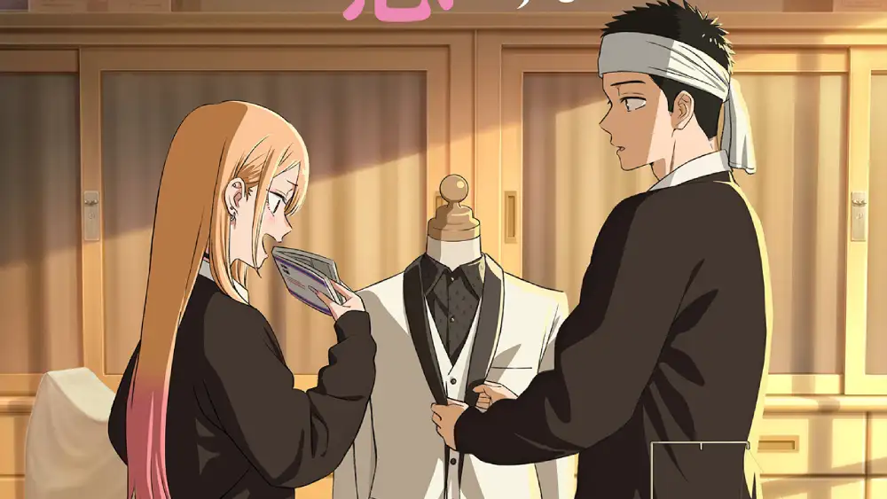 Illustration officielle de Marin Kitagawa et Wakana Gojo de l'anime My Dress-Up Darling saison 1, en train de regarder un costume en discutant.