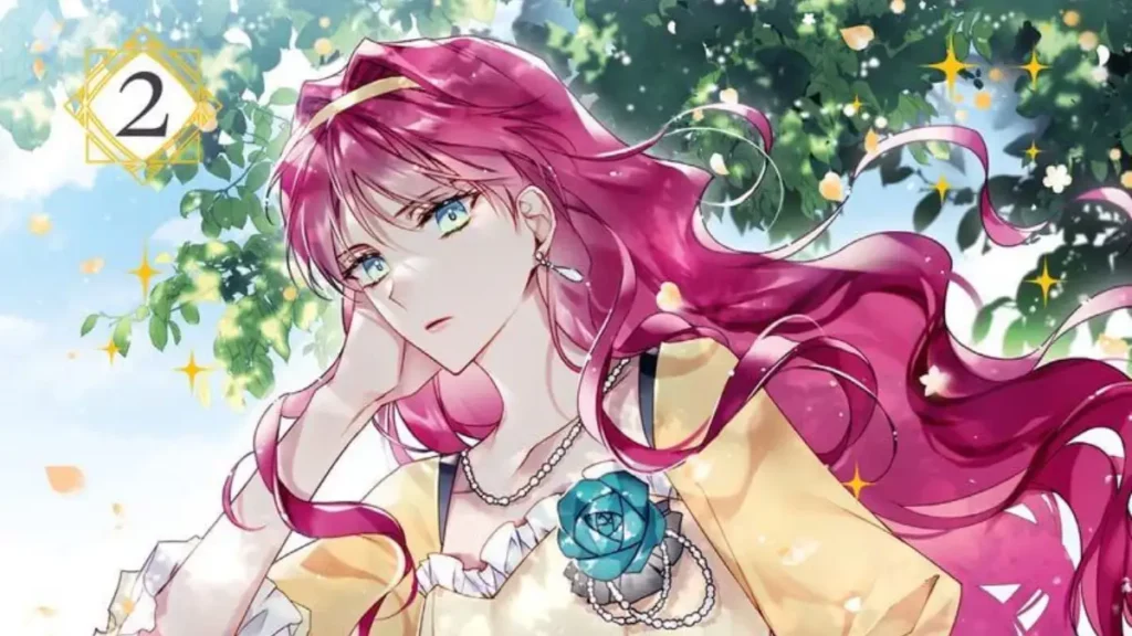 Couverture du manhwa Seule la mort attend la vilaine tome 2, illustration en couleur de Pénélope Eckhart au soleil passant la main dans ses cheveux.