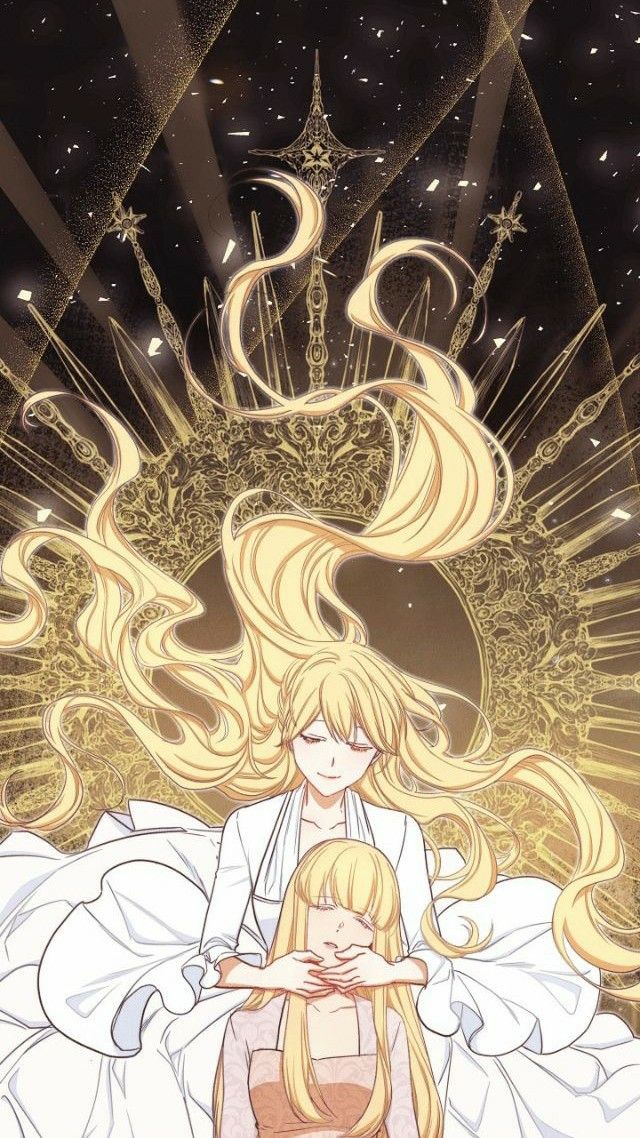 Extrait du tome 1 du manhwa The Villainess Turns the Hourglass aux éditions Kbooks. Illustration d'Aria tenant dans ses bras Mielle.