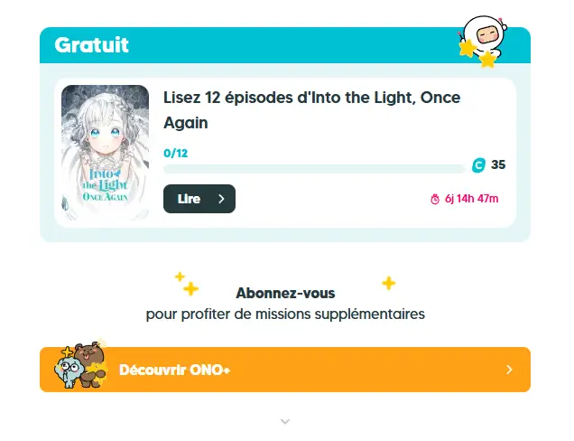 Plateforme ONO pour lire des webtoon et des manhwa. Capture d'écran du système pour obtenir des coins bonus.