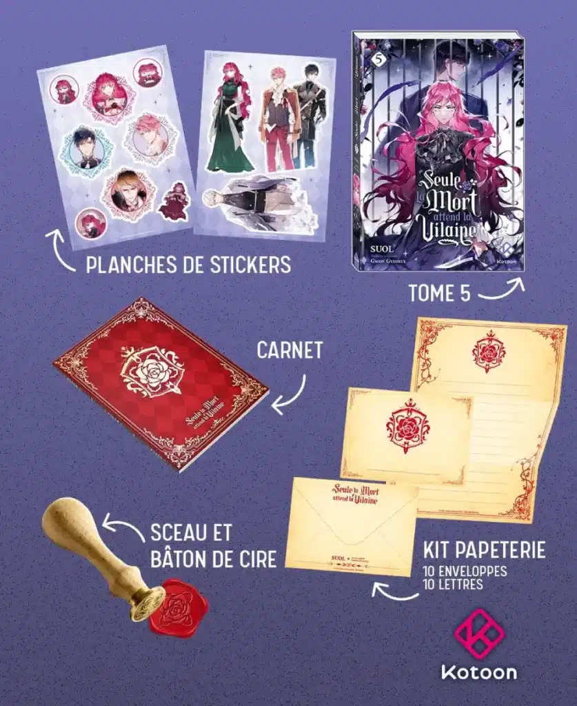 Coffret collector tome 5 manhwa Seule la mort attend la vilaine avec goodies.