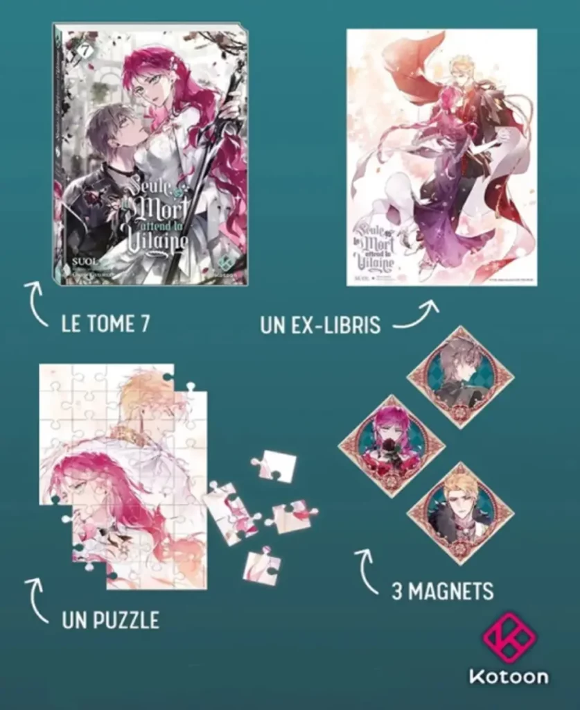 Coffret collector tome 7 manhwa Seule la mort attend la vilaine avec goodies.