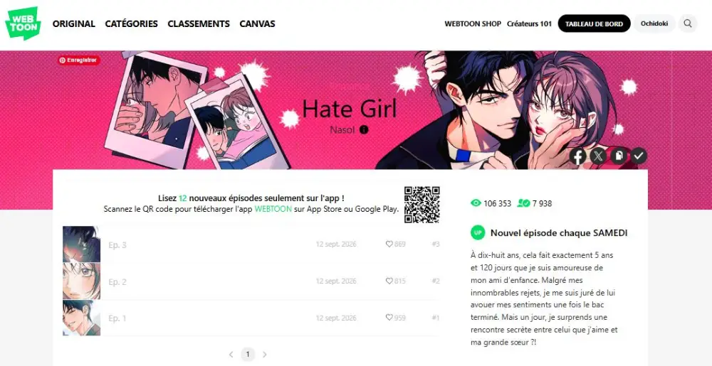 Capture d'écran du site webtoon montrant le webtoon Hate Girl de Nasol.